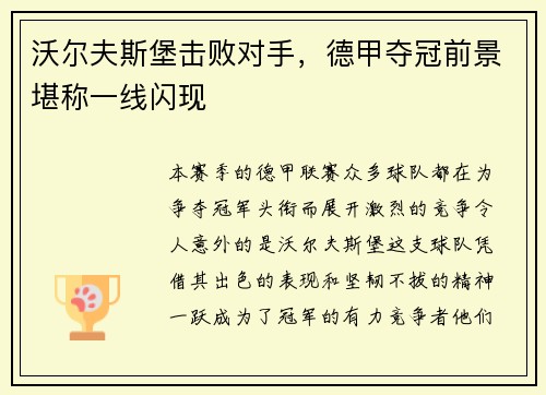 沃尔夫斯堡击败对手，德甲夺冠前景堪称一线闪现