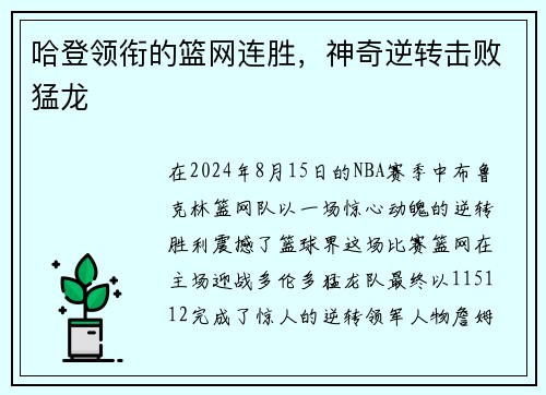 哈登领衔的篮网连胜，神奇逆转击败猛龙