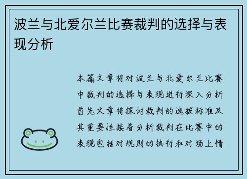 波兰与北爱尔兰比赛裁判的选择与表现分析