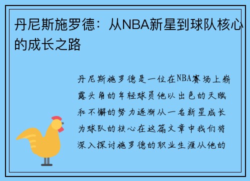 丹尼斯施罗德：从NBA新星到球队核心的成长之路